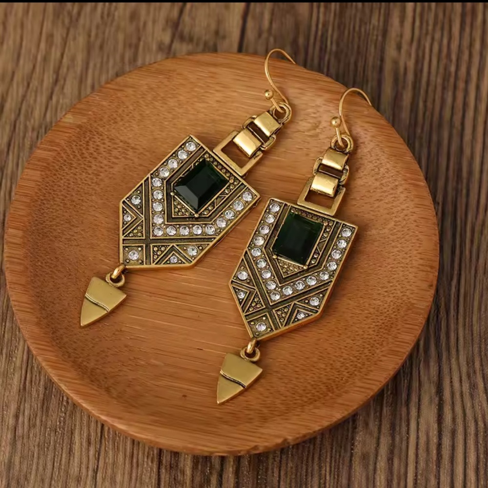 Green Glass Crystal Rhinestone Bohemian Dangle Earrings